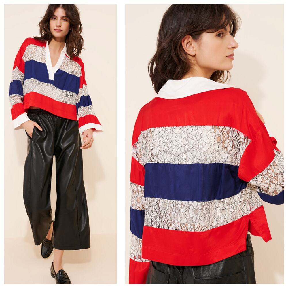 Anthropologie Maeve Long-Sleeve Paneled Rugby Top Size Medium Lace Satin Red